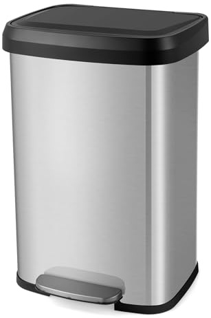 COSTWAY Mülleimer Küche, 50L Abfalleimer, Tretmülleimer mit sanft schließendem Deckel, Mülltrennsystem inkl. Desodorierungsfach, aus Edelstahl und Kunststoff (Silber)