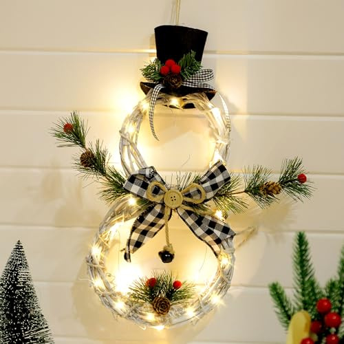 Türkranz Weihnachten Beleuchtet mit Timer, Weihnachtskranz Weihnachtsdeko Hängend, Fensterdeko Tür Kranz Weihnachten, Schneemann Deko (Grau)