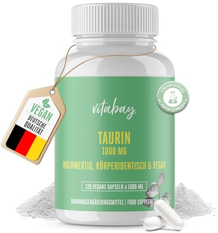 Vitabay Taurin Kapseln Hochdosiert 1000mg - 120 Taurin Kapseln Vegan & Laborgeprüft - Taurine Capsules Aminosäure Taurine 1000mg - Körperidentisch & ohne unerwünschte Zusätze