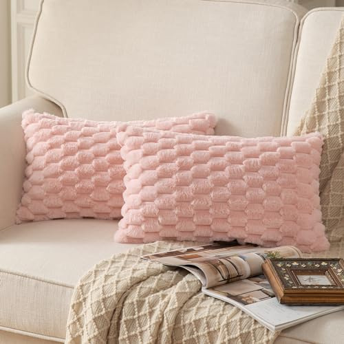 Mandioo 2er Set Rosa superweichen dekorative Plüsch Kissenbezug Kissenbezüge 30 x 50 cm Wollsamt Dekokissenbezüge Kissenhülle Sofakissen Dekokissen flauschig für Couch Sofa Bett Wohnzimmer