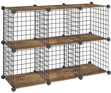 HOOBRO Wire Cube Storage Organizer, 6-Cube Shelves, Modular Shelves with Metal Grid, DIY Closet Cabinet for Living Room, Bedroom, Rustic Brown and Black BF06CW01