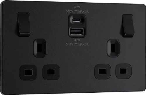 BG Electrical 45W Double Switched Power Wall Plug Socket with Super Fast Charge Type A and Type C USB Charging Ports, Evolve, Matt Black, 13A, PCDMB22UAC45B