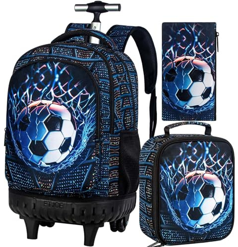 3 st rullande ryggsäck för flickor pojkar, 45 cm reseruller bokväska med hjul, tonåring barn högskola ryggsäckar hjul, Fotboll Svart, 19 Inches, Ryggsäckar för dagsutflykt