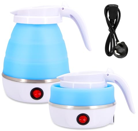 Foldable Electric Travel Kettle, Portable Silicone Camping Kettle with Separable Power Cord for Outdoor Hiking and Family Camping (Blue)