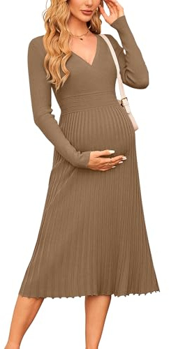 OUGES Strickkleid Damen Winter Kleid Lang Winterkleid Elegant Herbstkleid Langarm V-Ausschnitt Pulloverkleid für Herbst-L