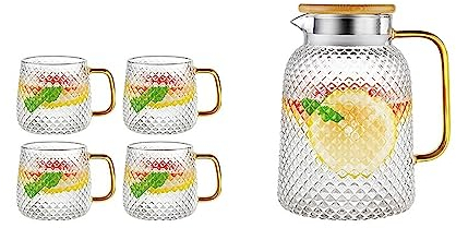 Cold Kettle Glass Water Pitcher with Filter Turkish Jug Stainless Steel Cold Water Jug Crystal Cups Kettle for Home Leonodesa with Tap Water Pitcher Set for Hot/Cold Water(1.8L)