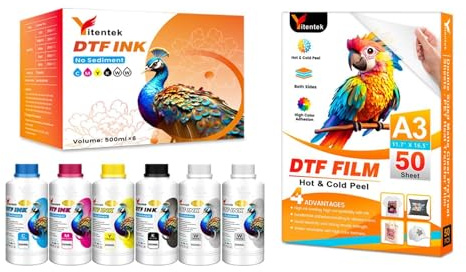 Yitentek DTF Ink & Film Set - 3000ML No Sediment DTF Transfer Ink for PET Film DTF Transfer Film A3 (11.7 x 16.5) 50 Sheets, Double Sided Matte Clear PreTreat Sheets