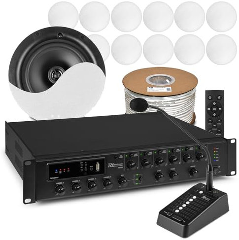 Power Dynamics 12x Commercial Ceiling Speaker System with 360W Multi Room Amplifier, 6-Zone Paging Mic Kit for Offices, Public Areas, Restaurants and Retail Background Audio Installation
