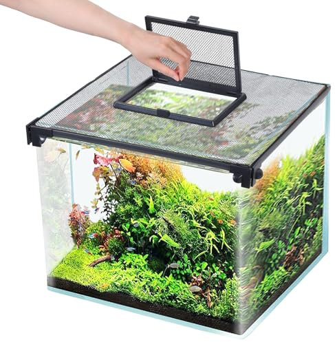 HOFURME Fish Tank Lid Aquarium Net Cover with Feeding Window 5-50 Gallon, Black, Polyester, White, Tropical Pattern, Classic Style, Plastic Frame, Magnetic Closure, 16 x 12 Inch