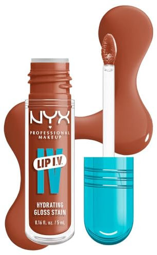 NYX Professional Makeup Brillo de Labios Hidratante, Color y Brillo Efecto Húmedo, Hasta 12H de Hidratación, Con Vitamina B12 y Magnesio, Lip IV Hydrating Gloss Stain, Tono: Caramel Drip