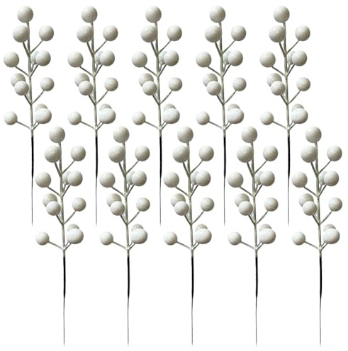 Künstliche Beerenstiele, künstliche Stechpalmen-Zweige, lange künstliche Beerenspieße, Weihnachtsblumenarrangement, Weihnachtsbaumdekoration, Stiele für Winterferien, Weiß, 40 Stück