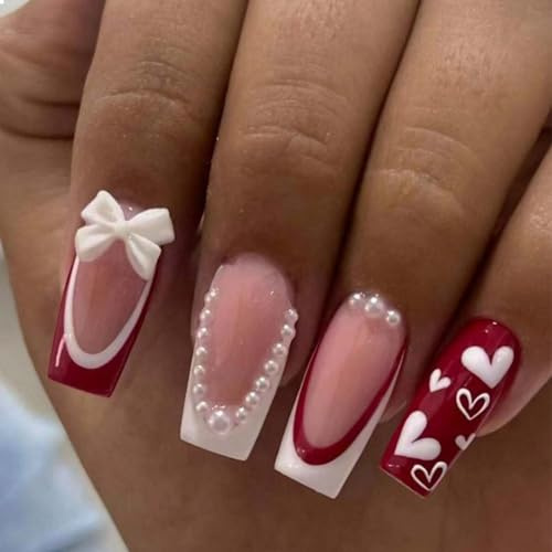 GlamRays Pack of 24 French Tip Press-on Nails with Medium Size Charms, Red White, French Manicure, Heart Shape