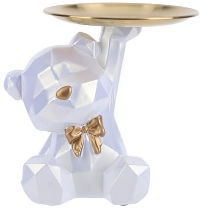 AMZLORD Figura de oso, estatua de oso de resina con bandeja de almacenamiento, lindo adorno para llaves y soporte para refrigerios, decoración de arte moderno para sala de estar y oficina, c
