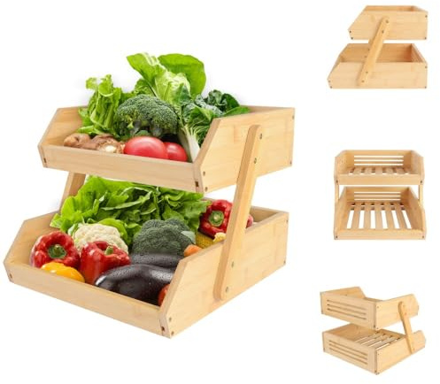 OHMG Support de Corbeille à Fruits en Bambou 3 étages,Fruit basket,Support à Panier de Fruits Rangement pour Les légumes pour Plan de Travail de Cuisine pour Fruits,Pain (2 étages-Bois, 25*30*26.5cm)