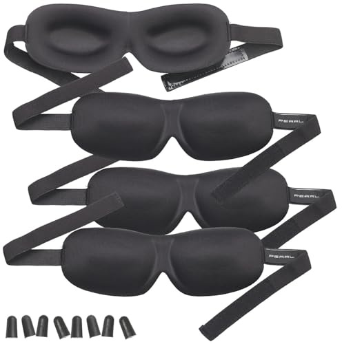 PEARL Schlafmaske Schlafbrille: 4er-Set 3D-Schlafmasken mit Ohrstöpseln & Aufbewahrungstasche, schwarz (Schlafen-Schlafmaske, mit Lärmschutz, Damen)