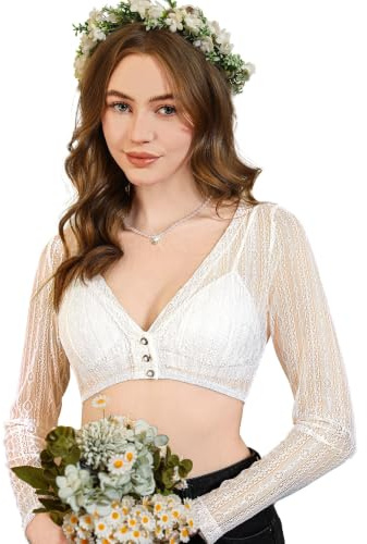 DIRNDLSTERN Damen Dirndlbluse Spitze Langarm - Weiß Bluse V-Ausschnitt Knopfleiste Trachtenbluse für Oktoberfest