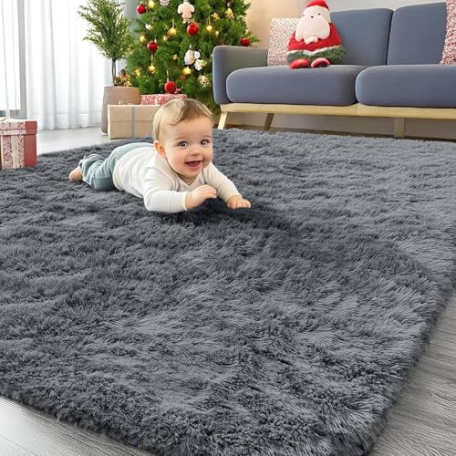 Homaxy Alfombra de Pelo Largo, Antideslizante, Parte Inferior Lavable, Alfombra Grande para salón, habitación de los niños, Dormitorio - 160 x 220 cm, Gris Oscuro