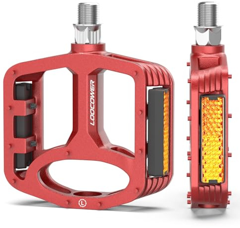 Mountain Bike Pedals with Reflectors Strips, 9/16 Non-Slip Aluminum Alloy Cycling Platform Bicycle Pedal for MTB BMX Racing Road E-Bike - Red