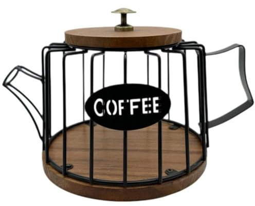 Dinntty Support À Capsules De Café avec Couvercle Base en Bois, Panier De Rangement en Métallique pour Décoration De Comptoir De Bar Ou De Café