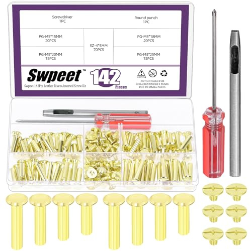 Swpeet 70 Set 4 Sizes M5 x 15mm/18mm/20mm/25mm Gold Leather Rivets Chicago Binding Screws with Install Tools Assortment Kit, Screw Rivets M5 Chicago Binding Screws for Repair Leather