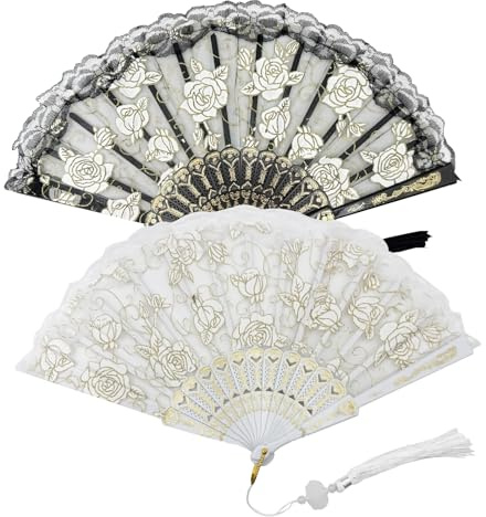 BSITSSS 2 Stück Fächer mit Quaste, Holz Handfächer Klappbarer, Blumenmuster Fächer Klein, Mode Hand Fan, Handfächer Stabil für Hochzeit Gäste Kinder Mädchen Sommer