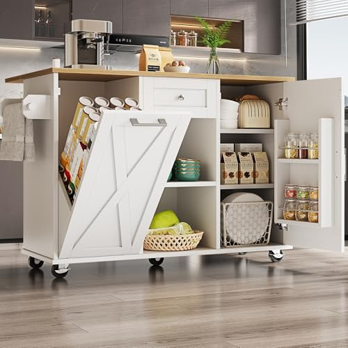 Wyibwy Carro de cocina con cubos de basura, isla de cocina sobre ruedas con encimera plegable, carrito de comedor con estantes para aperitivos, mesa de comedor con cajones y divisores, bainco