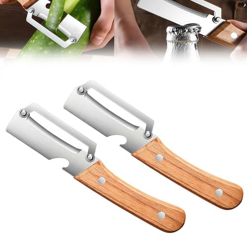 Pelaverdure multifunzione per cucina, pelapatate per canna da zucchero, lame ultra affilate in acciaio inox con manici ergonomici antiscivolo con apribottiglie (2 pezzi)