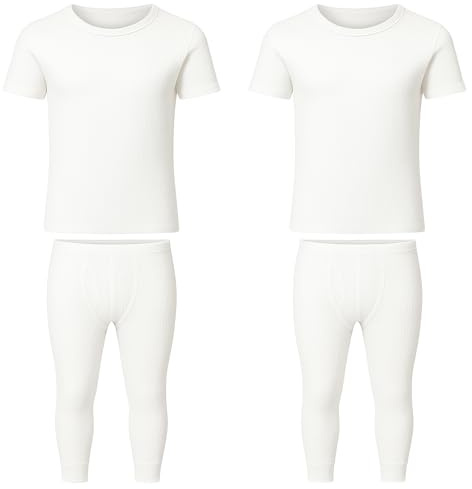 Men’s 2 Pack Thermal Underwear Set Short Sleeve Top and Long Johns Warm Ribbed Base Layer for Winter Soft Cotton Blend Thermals (White, XL)