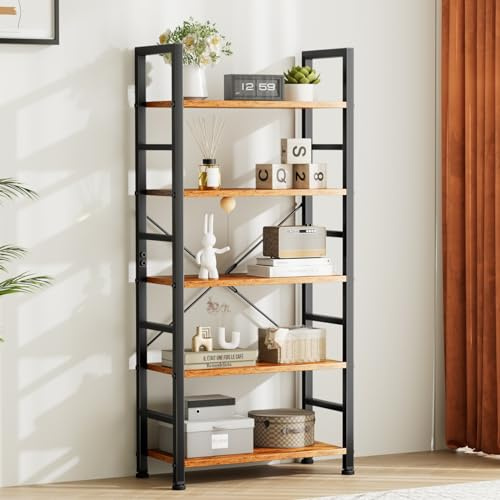 NEWBULIG Bücherregal 5 Tier Moderne Bücherregal Solide Metall Lagerung Organizer Bücher/CDs/Zeitschriften Industrielle Offene Display Regal für Schlafzimmer Home Office Küche Wohnzimmer, Rustikal