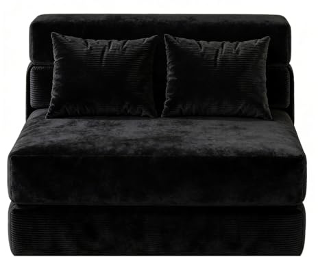 OPULENTHOME - Sofá cama convertible de 2 plazas plegable con almohadas, 2 en 1 sillón convertible de pana, sofá perezoso y calentador para dormitorio, sala de estar (107 x 32 x 32 cm), color negro