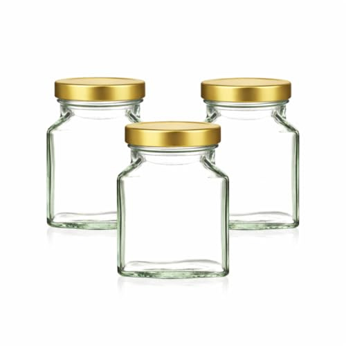 200ml Square Glass Jars with Twist-Off Lids (Pack of 3) | Clear Preserve, Jam, Chutney & Honey Jars | Airtight Food Storage Jars | JarsandBottles