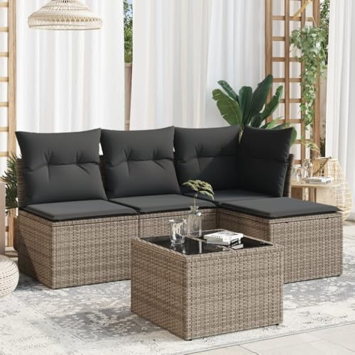 Massbinet 5-TLG. Garten-Sofagarnitur mit Kissen Gartenlounge Gartenmöbel-Set Sitzgruppe aus Gartensofa Hocker und Beistelltisch Garten Terrasse Balkon Grau Poly Rattan