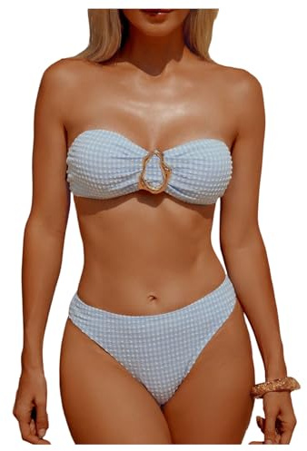 GORGLITTER Bandeau Bikini Sets for Women Plaid Metal Ring Tie Back Top Cheeky Swimsuits 2 Piece Cute Beachwear