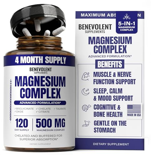 Premium Magnesium Capsules 500mg, High Absorption Formula Chelated Buffered Citrate to Support Digestion, Bone, Sleep & Muscle Health – Magnesium Complex - 120 Capsules