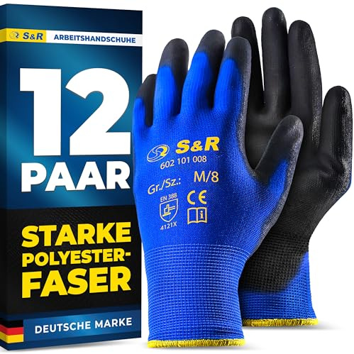 S&R Gants de Travail 12 PAIRES Homme Femme Légers et Résistants Taille 8-9 -10. Gants pour Bricolage et Jardinage Peinture Montage Emballage Jardinage