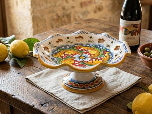 ILAB Centrotavola alzata media in ceramica decorata a mano da ceramisti siciliani di Santo Stefano di Camastra fiore rosso art 4