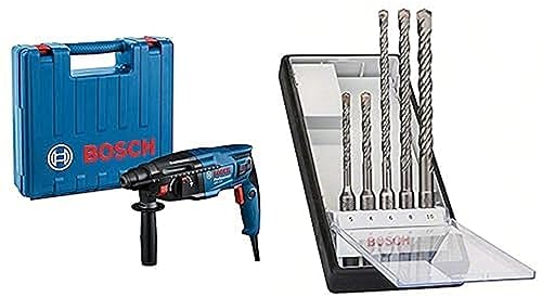 Bosch Professional Bohrhammer GBH 2-21 (mit SDS plus, inkl. Zusatzhandgriff, Maschinentuch, Tiefenanschlag, im Handwerkerkoffer) + 5tlg. Robust Line Hammerbohrer SDS Plus-5 Set (für Beton, Zubehör)