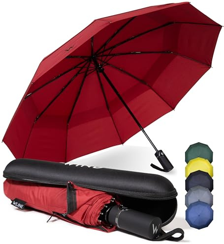 WLine Wind Ombrello Pieghevole Antivento da Pioggia con 10 Aste Rinforzate e Tela Idrorepellente 210T - Ombrello Portatile Resistente Apri e Chiudi Automatico, Diametro 104cm (Rosso con Custodia)
