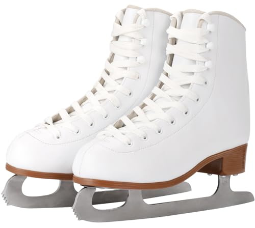AhmyLion Figure Ice Skates for Beginners - White Comfortable Leather Ice Skates for Women, Men, Boys & Girls (Size Up 1 Size) (White, Womens Size-8/Mens Size 6.5)
