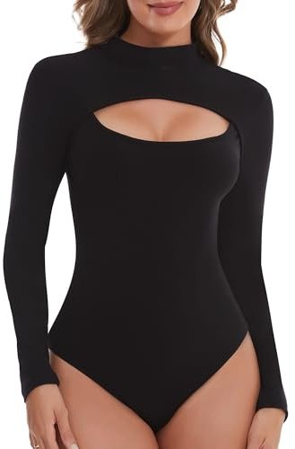 SHAPERIN Women’s Bodysuit Long Sleeve Mock Neck Body Suits Slim Fit Jumpsuit Top Sexy Cutout Front Night Out Bodysuits Tops Black S