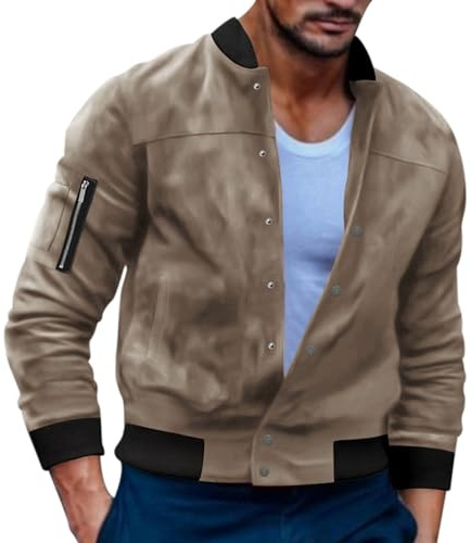 Duohropke Wildleder Fliegerjacken Herren Pilotenjacke Leichte Übergangsjacke Frühling Blouson Jacke mit Taschen College Jacke Cargo Softshelljacke mit Taschen Bomberjacke