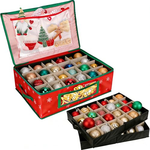 Hysagtek Aufbewahrungsbox für Weihnachtskugeln mit 48 verstellbaren Schlitzen und Deckel, Deko-Organizer, Behälter mit doppeltem Reißverschluss für Kugeln, Geschenk-Box-Idee, Schneeflocke
