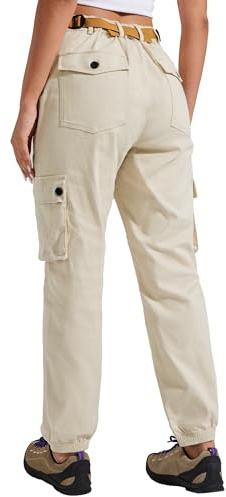 Pioneer Camp Women's Stretchy Cargo Pants with Pockets Cotton Climbing Hiking Casual High-Rise Joggers Adjustable Waist Khaki