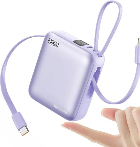 Hichain Power Bank Klein, 10000mAh 22,5W Powerbank USB C Schnellladen mit Integriertem USB-C Kabel, LED Display, Externe Handyakkus Kompatibel mit MacBook, iPhone 17, Galaxy S25, iPad, Tablet, Violett