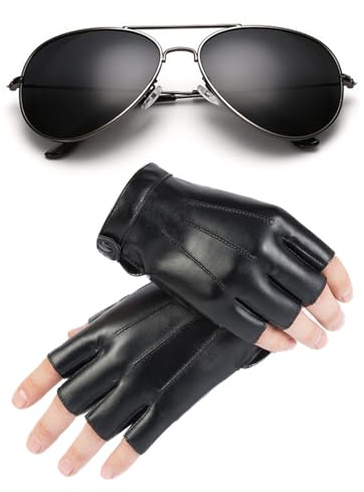ZPLASK 3Pcs Fingerless Driving Gloves for Men and Aviator Sunglasses, Unisex Soft Lining, PU Faux Leather Half Finger Gloves for Driving Cyclingm Motorbike Outdoor Activities Halloween Cosplay