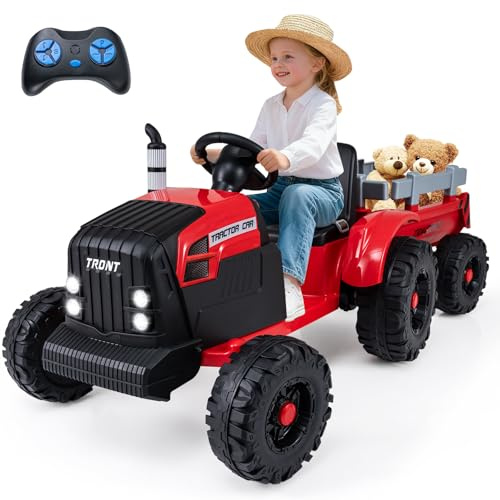 GOPLUS 24 V elektrisk traktor för barn med släpvagn, elektrisk traktor med 2,4 G fjärrkontroll, elektriskt fordon med LED-lampor, musik, tuta och Bluetooth, elbil för barn