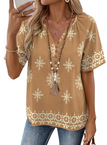 Rapbin Boho Clothes for Women: Plus Size Summer Shirts Cotton Linen Shirts V Neck Short Sleeve Casual Blouse Bohemian Style Spring Top Yellow XXL
