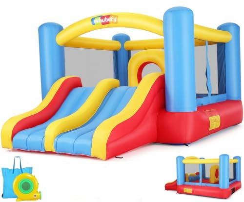 Hüpfburg für Kinder 3-6 & 8-12 Große Kinder, Aufblasbare mit Gebläse | 384x274cm Aufblasbare Hüpfschloss mit Doppelrutsche Hindernisparcours, Indoor Outdoor Springburg Spielhaus für Party Geschenk