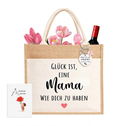 Geschenke für Mama, Mama Geschenk für Geburtstag, Jutetasche Mama Geschenk mit Karte & Schlüsselanhänger, Muttertagsgeschenke, Weihnachtsgeschenke für Mama Shopper Bag Baumwollhenkel Einkaufstasche