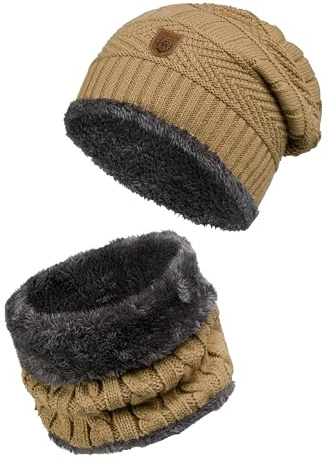 Indicode Unisex Siracusa Winter-Set Mütze & Schal | Strick Wintermütze Winterschal Beige, One Size